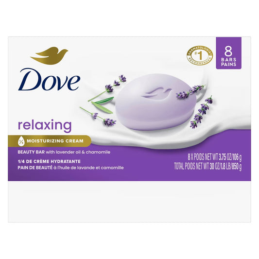 Dove Beauty Bar Women's Bath Soap Relaxing Lavender Oil & Chamomile, 3.75 oz 8 Bars