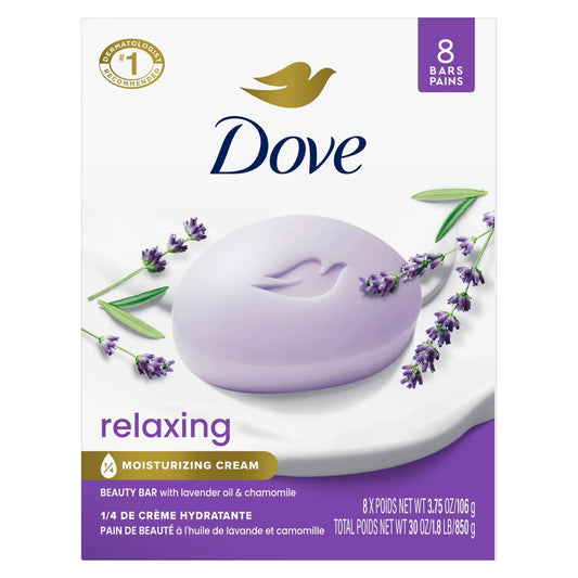 Dove Beauty Bar Women's Bath Soap Relaxing Lavender Oil & Chamomile, 3.75 oz 8 Bars