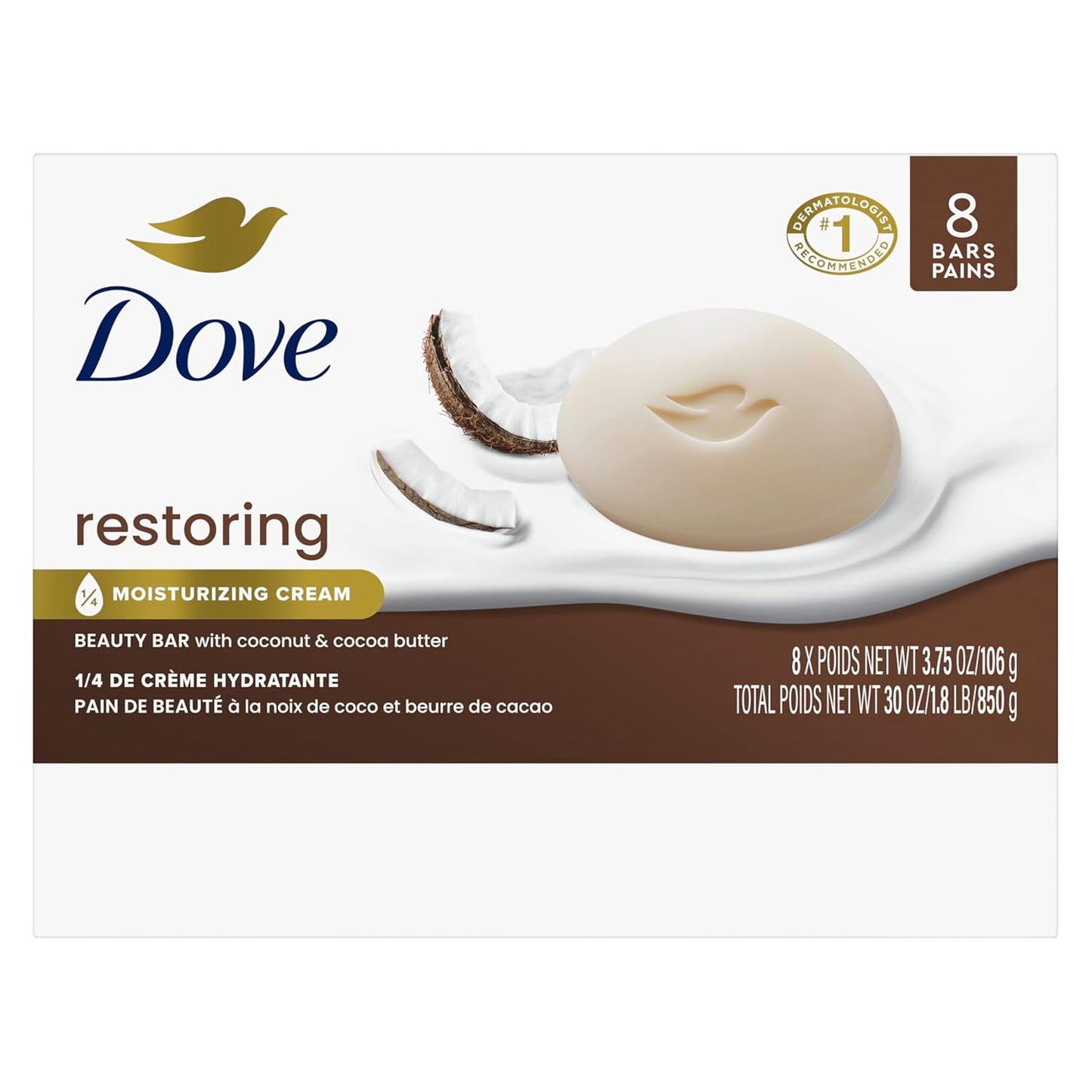 Dove Beauty Bar Women's Bath Soap Restoring Coconut & Cocoa Butter, 3.75 oz 8 Bars
