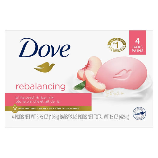 Dove Beauty Bar Women's Bath Soap Rebalancing White Peach & Rice Milk, 3.75 oz 4 Bars