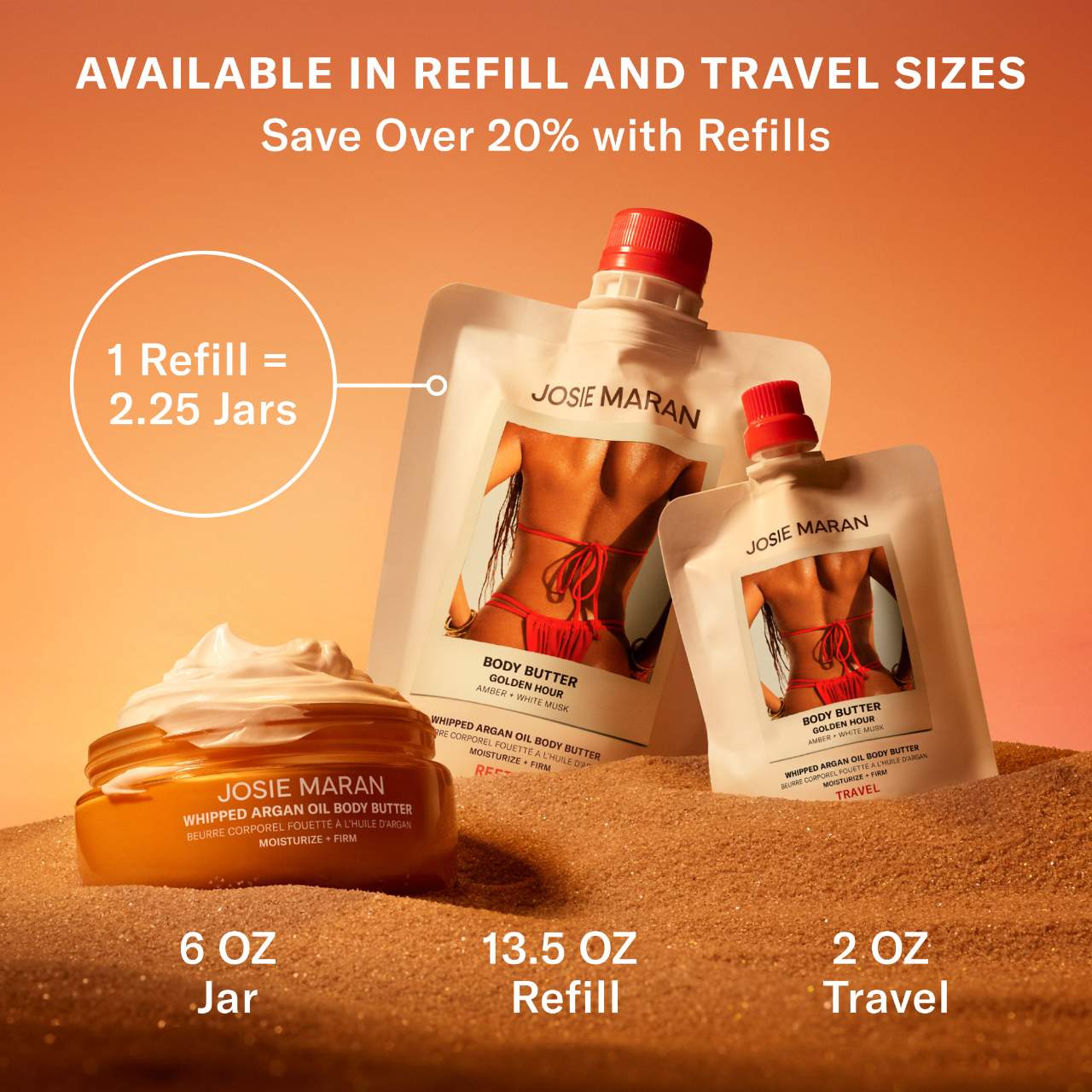 Josie Maran Mini Golden Hour (Amber, White Musk) - Whipped Argan Oil Refillable Firming Body Butter